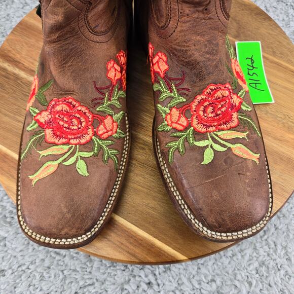 McAllen Boots Brown Leather Floral Embroidered Square Toe Western MX 26.5 US 9.5 - Picture 10 of 16